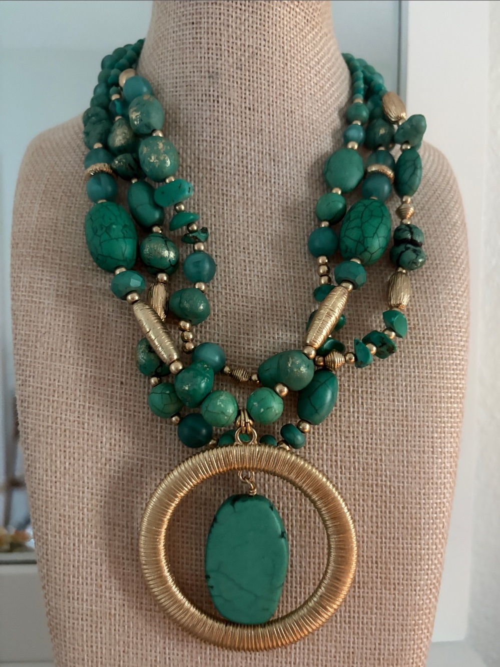 Chico's Green Multi-Strand Beaded Necklace with Gold Circle Pendant